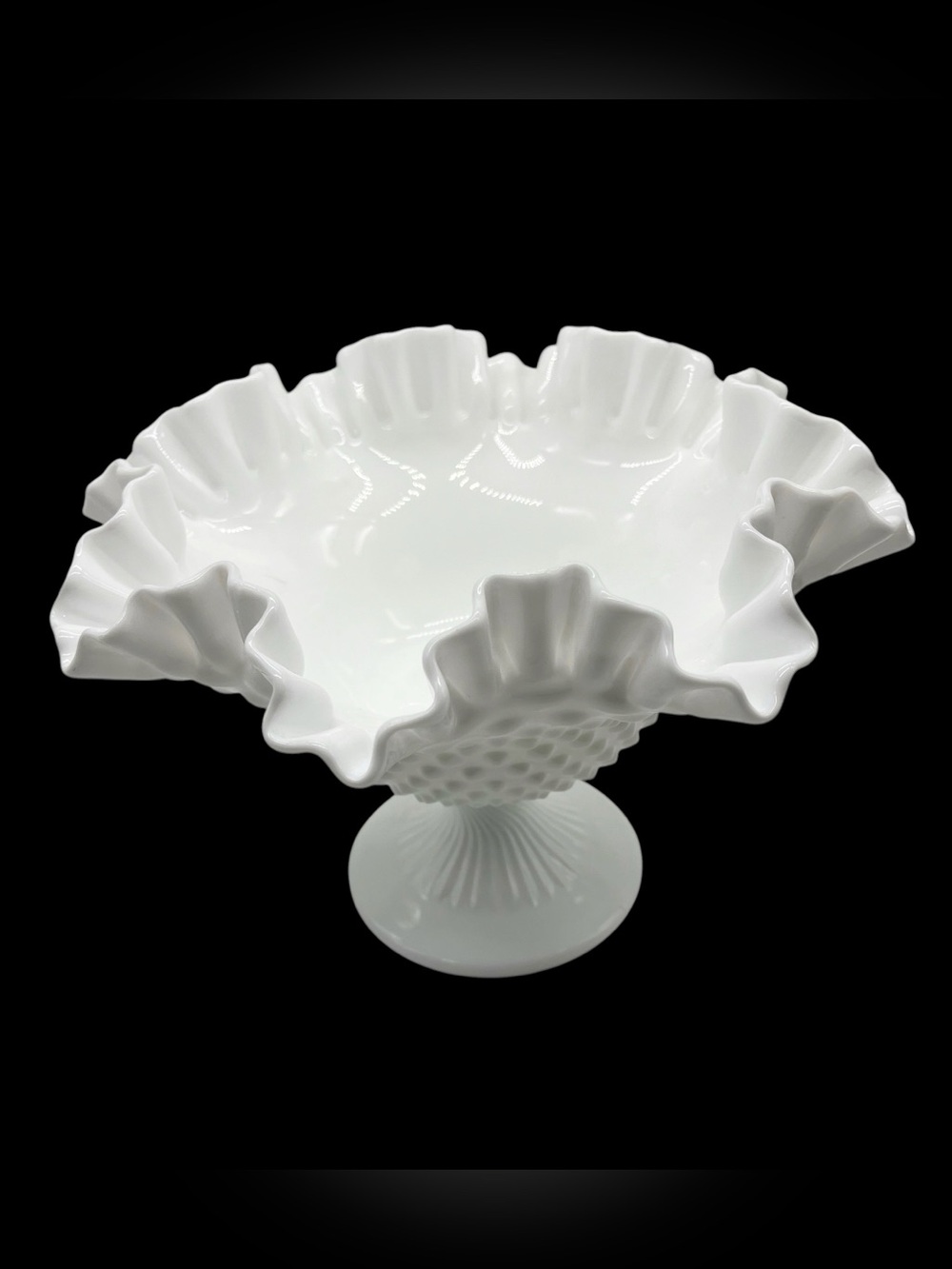 Vintage Fenton Hobnail Milk Glass Compote Ruffled Edge Candy Dish collectable